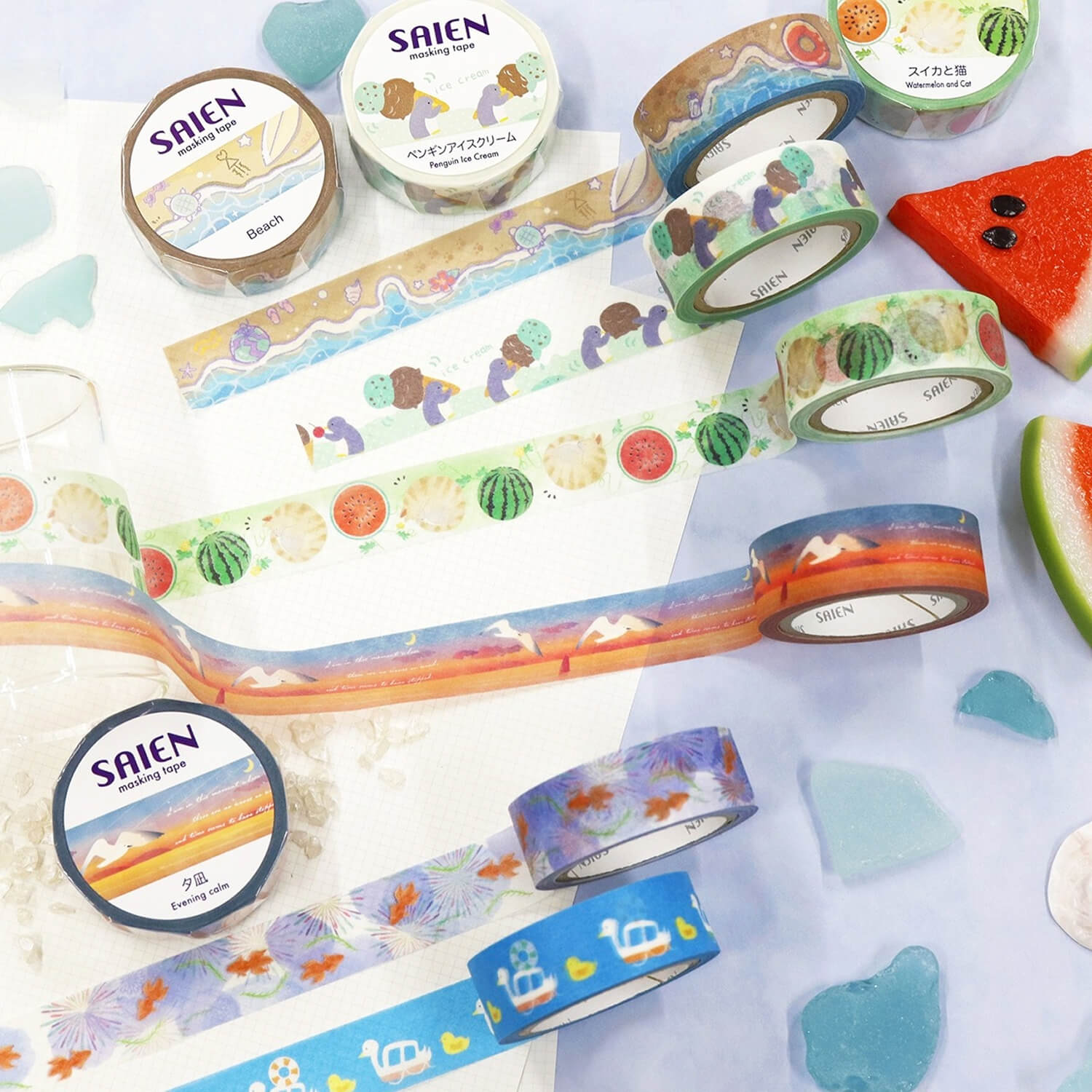 Saien Washi Tape – Watermelon and Cat (15 mm)