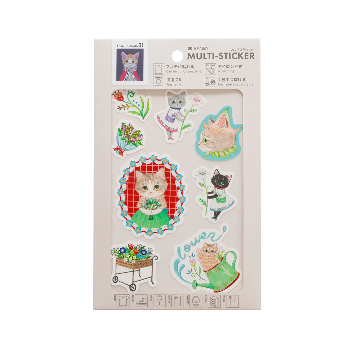 Sanby × Yusa Shimoda Washable Sticker Sheet – Flower and Cat