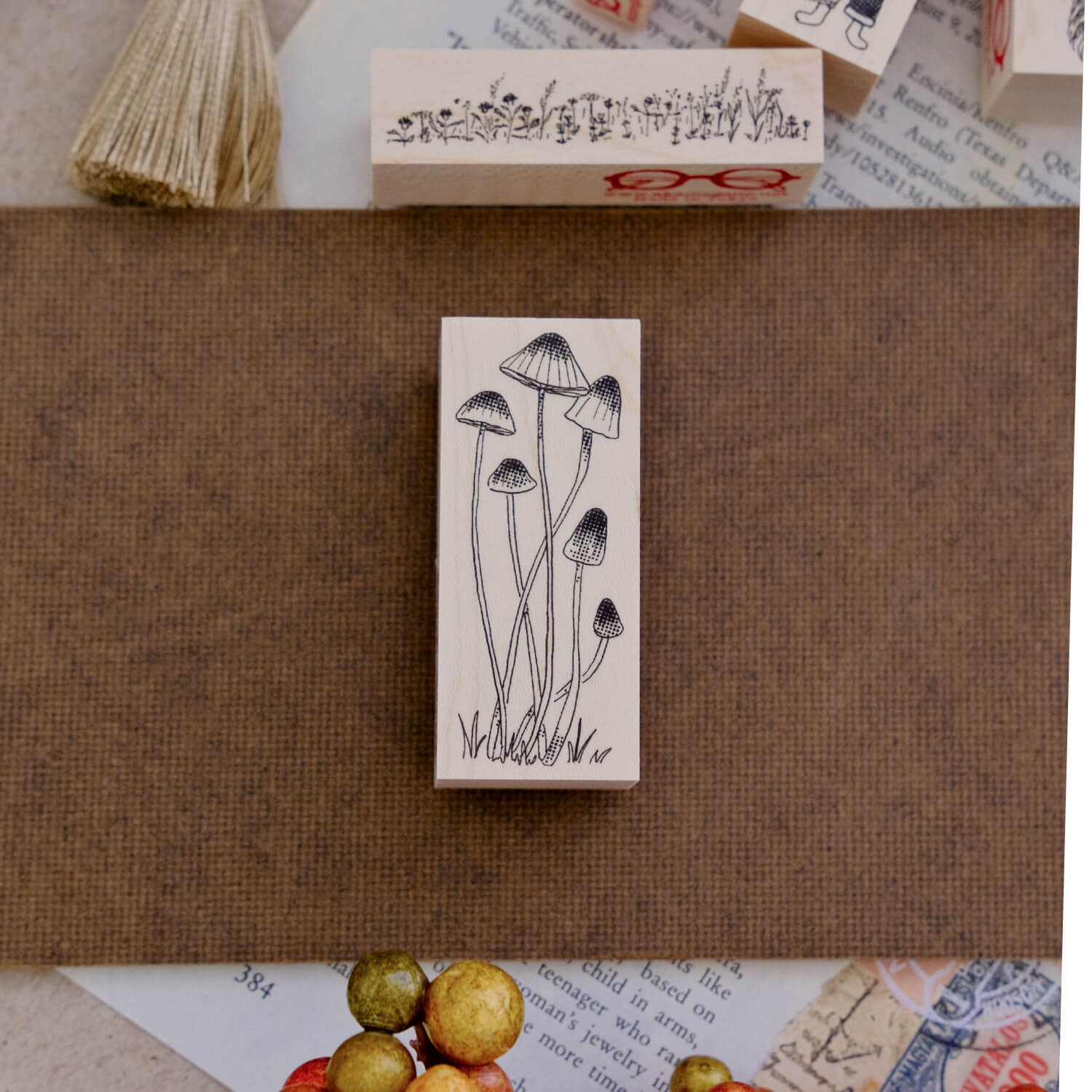 Akamegane Wood Mount Stamp – Orange Bonnet Mushroom