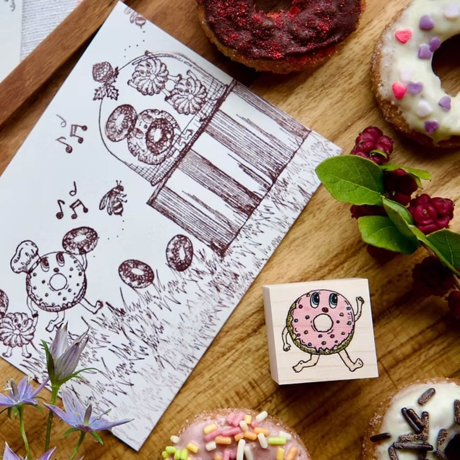 Akamegane Wood Mount Stamp – Strawberry Doughnut