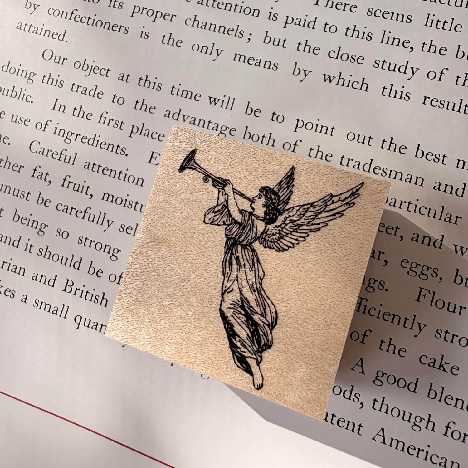 Keiko Endo Wood Mount Stamp – Trumpet-Playing Angel