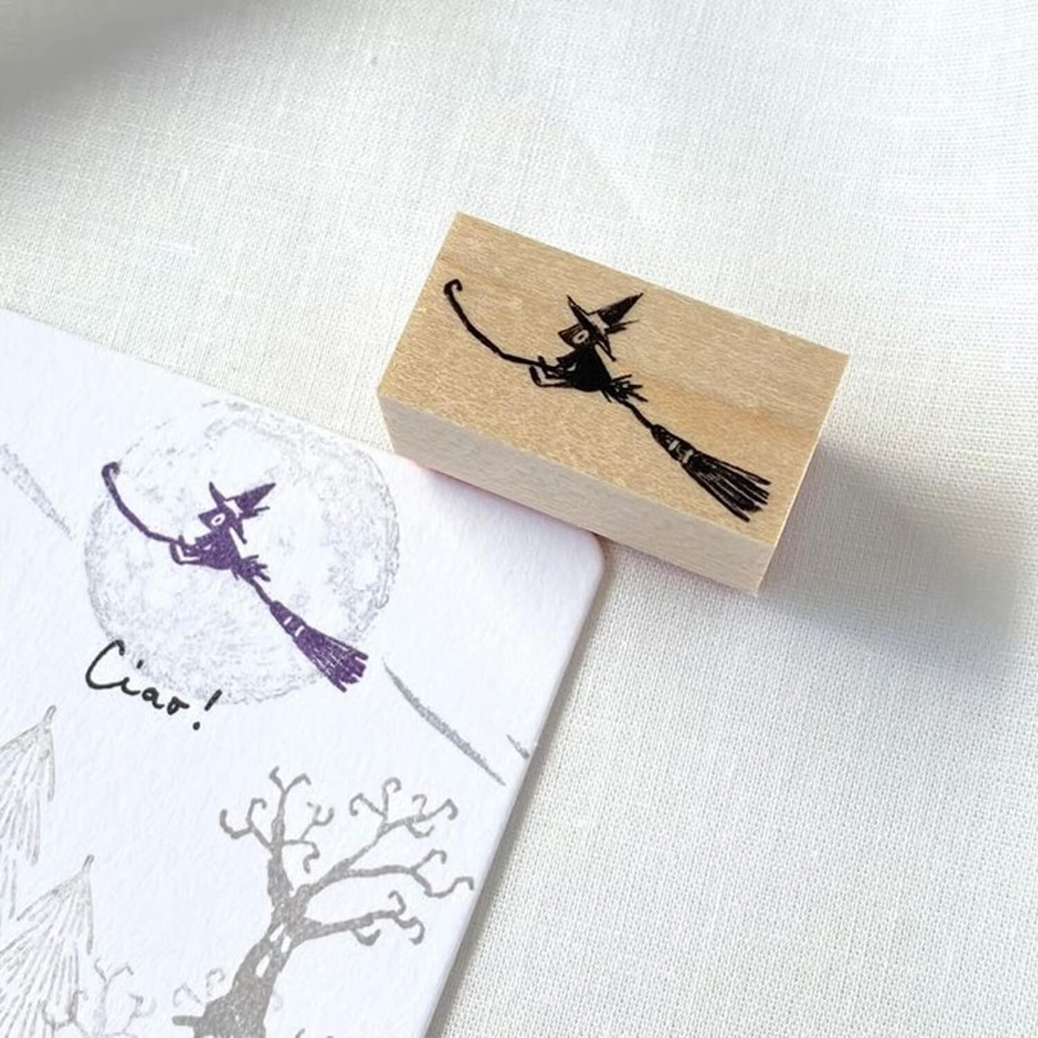 Mori Ringo Rubber Stamp – Little Witch Squirrel on a Broom (Left)