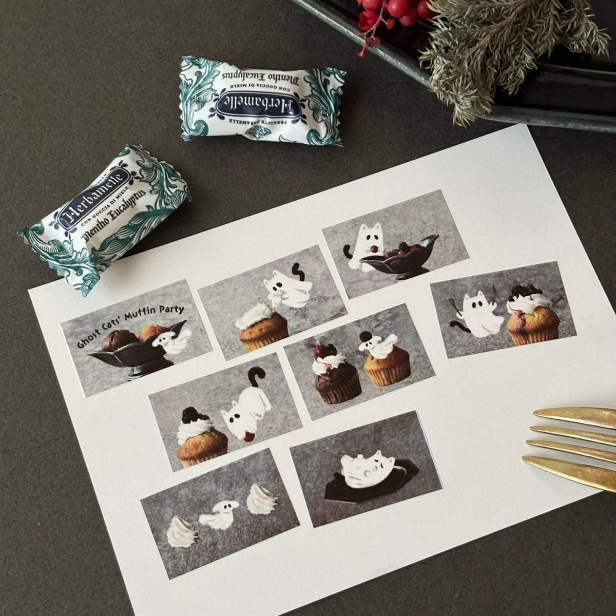 Nemunoki x mug Roll Stickers in Tin – Ghost Cats Muffin Party