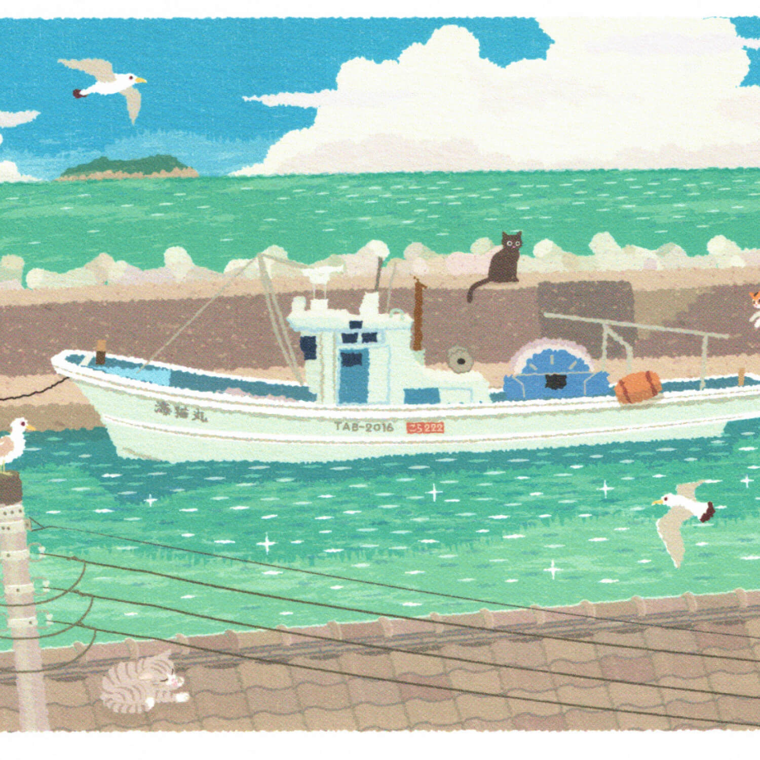 Tabineko Summer Postcard – Seagull and Boat