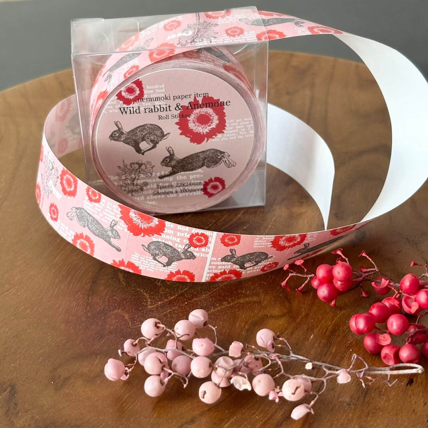 nemunoki paper item Label Sticker Roll – Wild Hare and Anemone