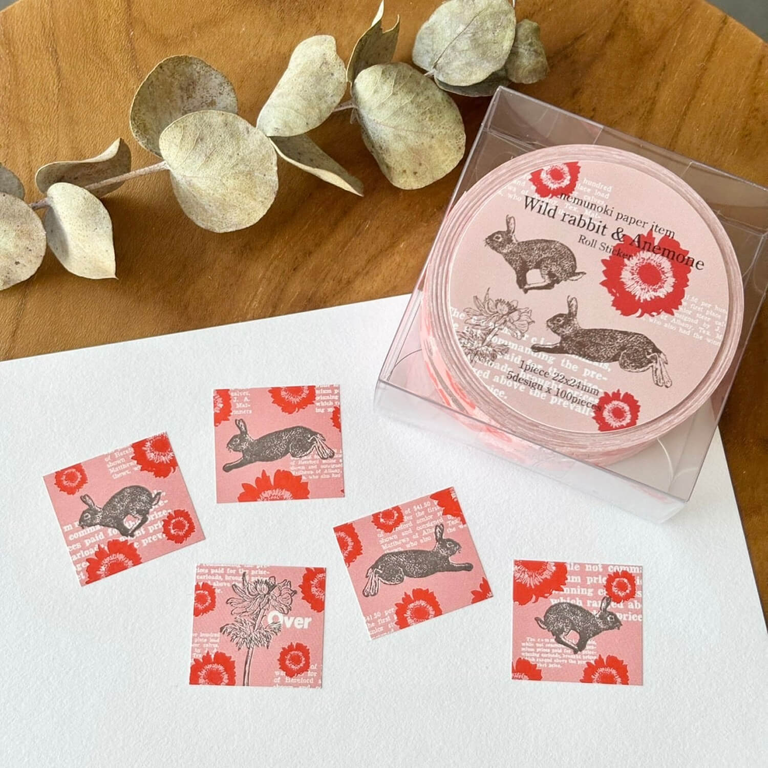 nemunoki paper item Label Sticker Roll – Wild Hare and Anemone
