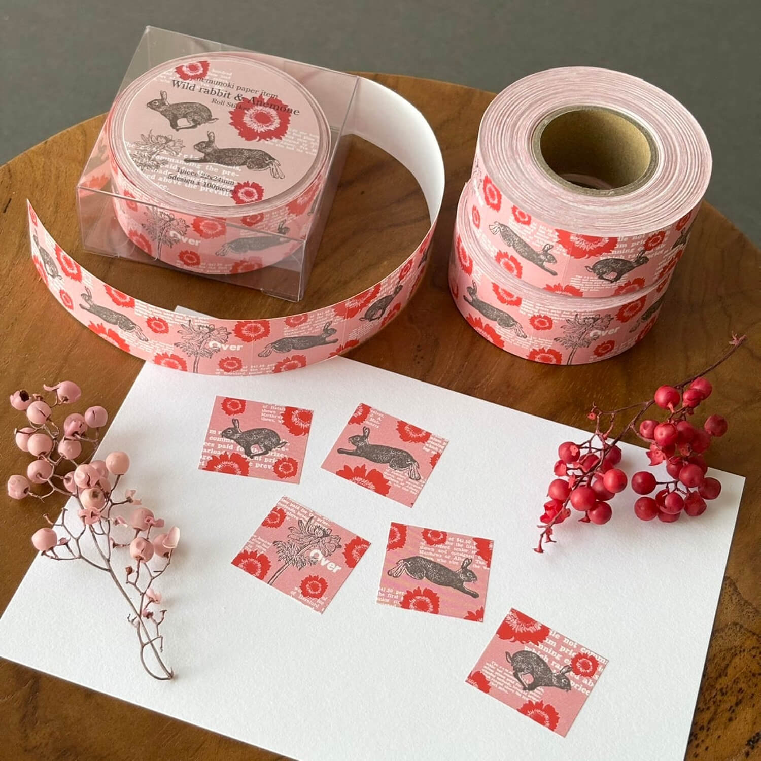 nemunoki paper item Label Sticker Roll – Wild Hare and Anemone