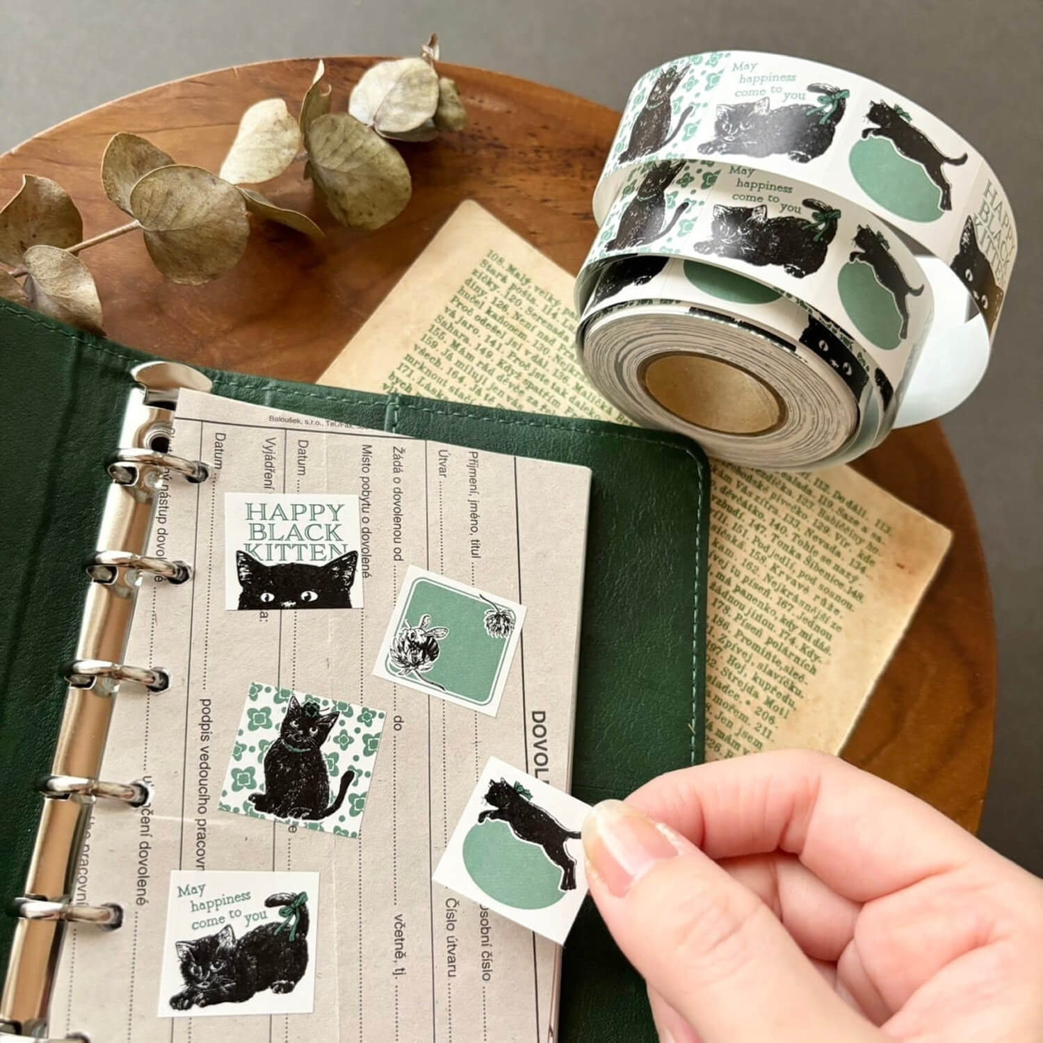 nemunoki paper item Labeler-Style Roll Stickers – Black Cat &amp; Clover