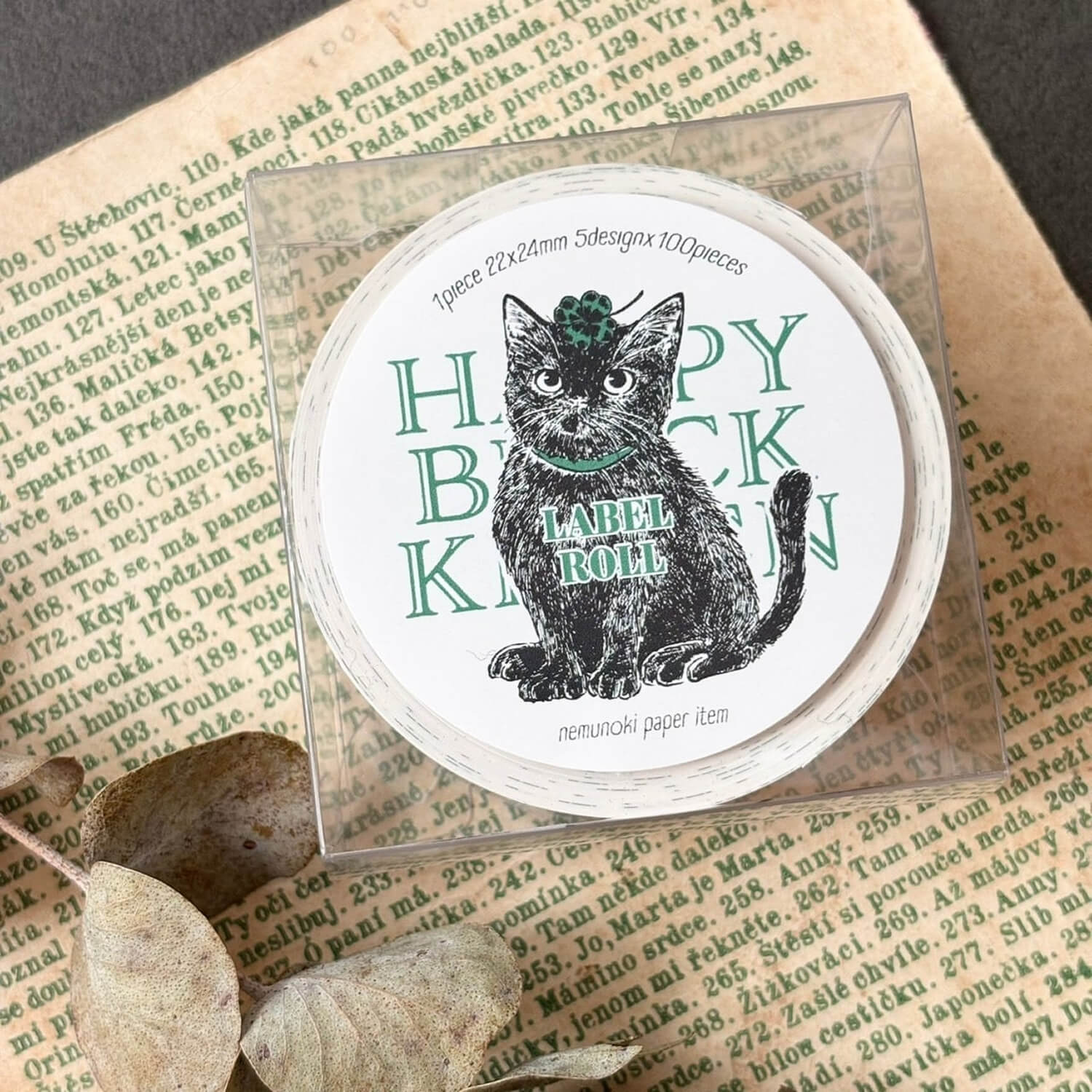nemunoki paper item Labeler-Style Roll Stickers – Black Cat &amp; Clover