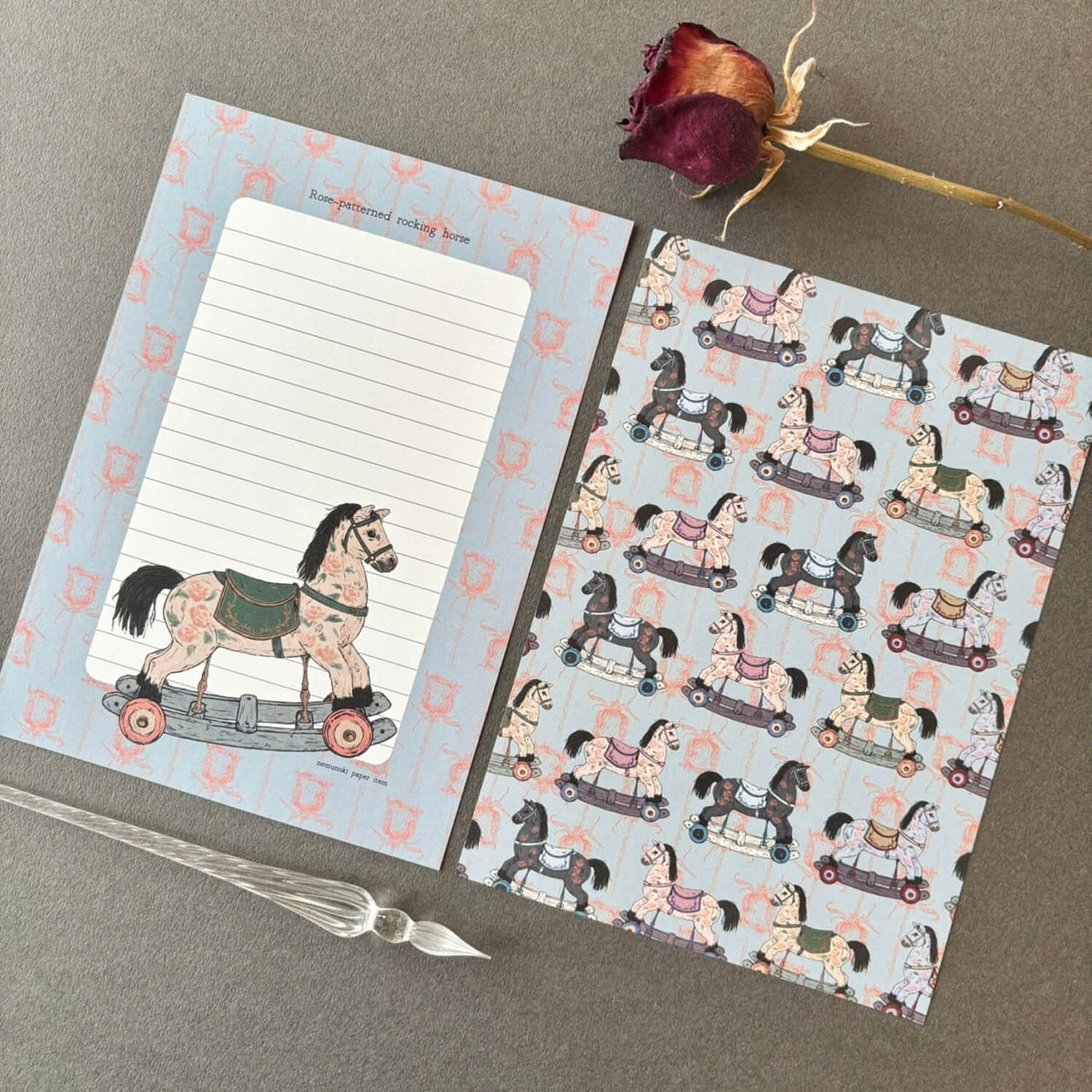 nemunoki paper item Letter Set – Rose-Patterned Antique Rocking Horse