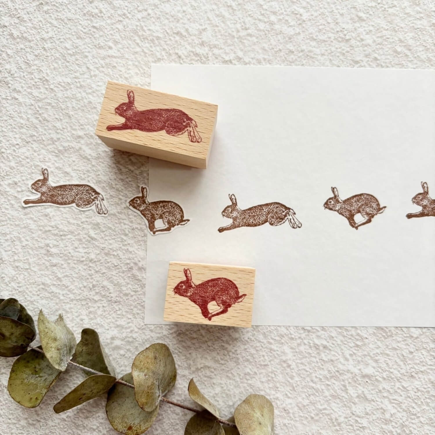 nemunoki paper item Wood-Mount Stamp Set – Running Wild Rabbits
