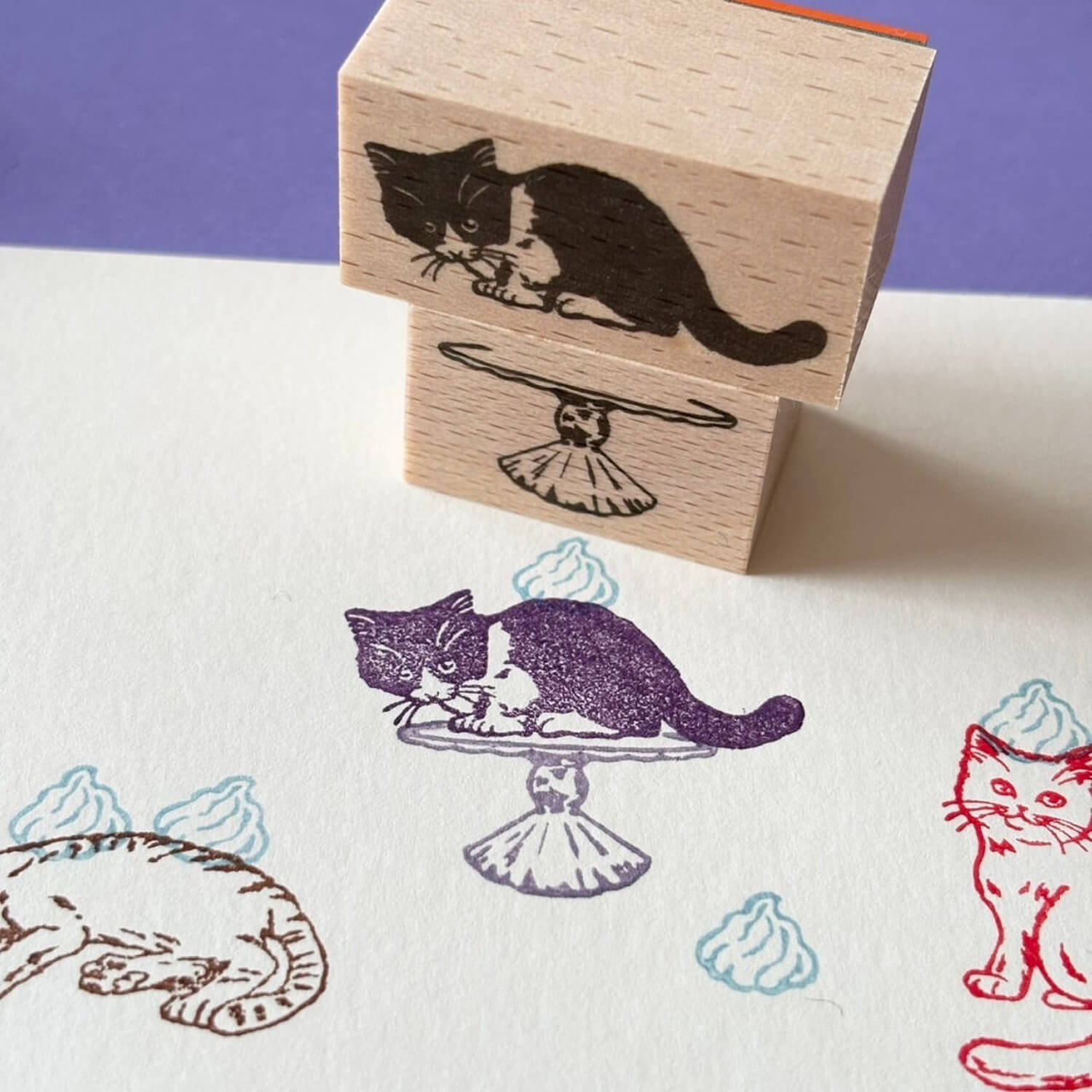 nemunoki paper item Wood Stamp Set – Whipped Cream Cats