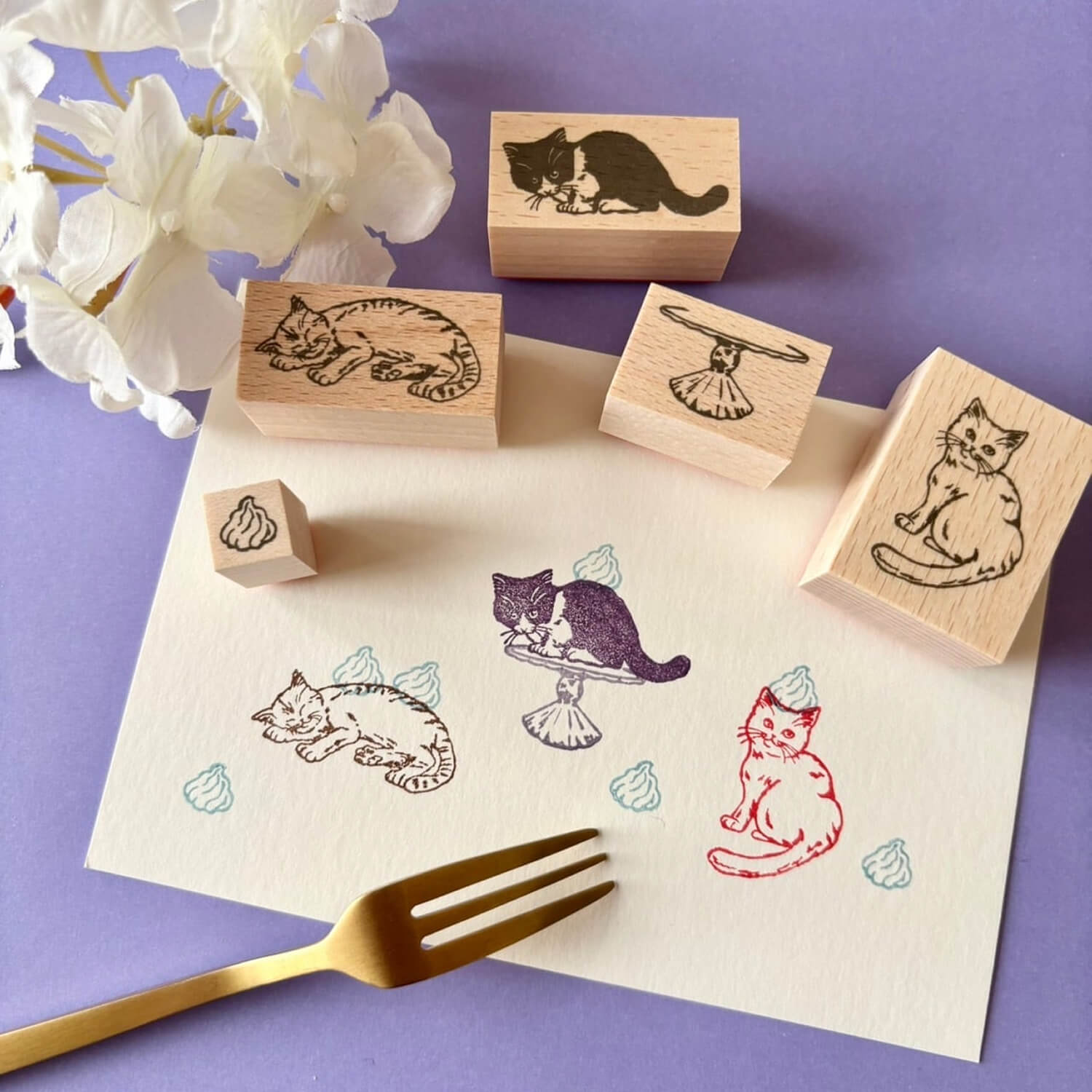 nemunoki paper item Wood Stamp Set – Whipped Cream Cats